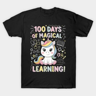 Black t-shirt with colorful unicorn and "100 Days of Magical Learning" print, perfect for school celebrations.