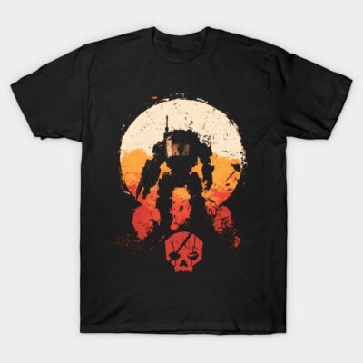 Black graphic t-shirt featuring a robot silhouette with a sunset background and skull design, perfect for casual wear.