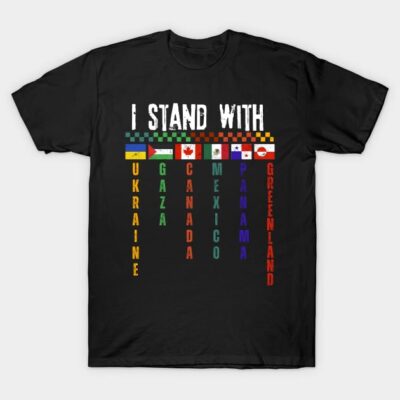 Black t-shirt with colorful "I Stand With" slogan and country names, casual style, unisex.