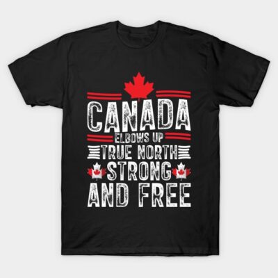 Black t-shirt with Canada-themed design, featuring maple leaf and text "True North Strong and Free." Casual wear.