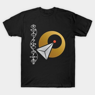 Black t-shirt featuring a geometric and circular gold design, ideal for casual wear, made from soft cotton material.