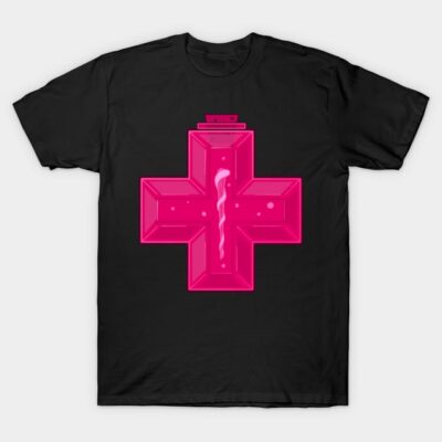 Black T-shirt with vibrant pink geometric cross design, casual wear, 100% cotton, unisex style.