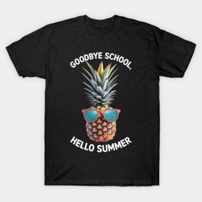 Black t-shirt with a fun pineapple wearing sunglasses, featuring "Goodbye School, Hello Summer" text, casual style.