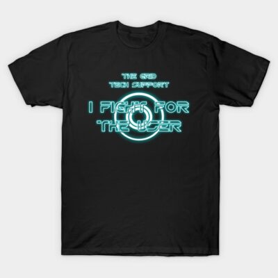 Black graphic t-shirt with neon blue text, tech support theme, perfect for casual wear, cotton material.