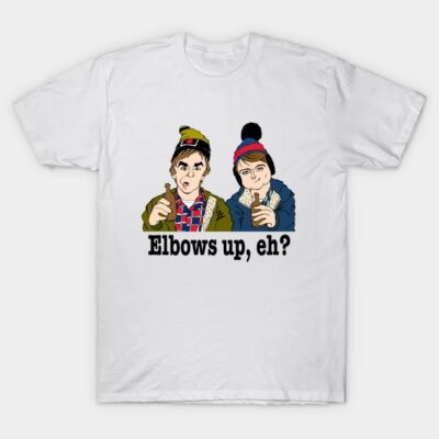 White graphic t-shirt featuring cartoon characters with text "Elbows up, eh?" Casual wear, cotton material.