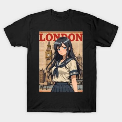 Black t-shirt featuring anime girl in sailor outfit with London backdrop, perfect for casual wear.