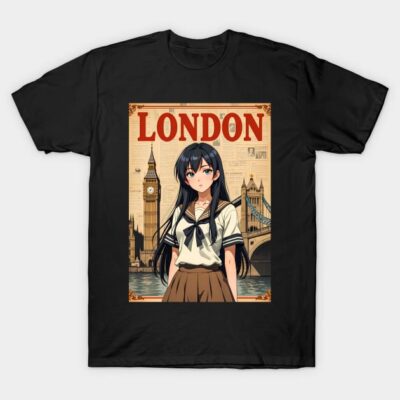 Black t-shirt featuring anime girl and London landmarks, vintage style graphic. Perfect for casual wear and anime fans.