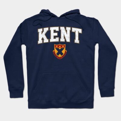 Navy blue Kent hoodie with bold lettering and crest, cozy cotton blend, casual wear, unisex style, ideal for layering.