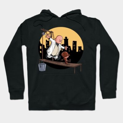 Black hoodie with cartoon graphic, featuring humorous scene against a city backdrop. Casual wear, soft material.