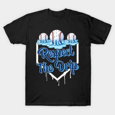 Black "Respect the Drip" baseball-themed t-shirt with graphic design, casual wear, cotton material.