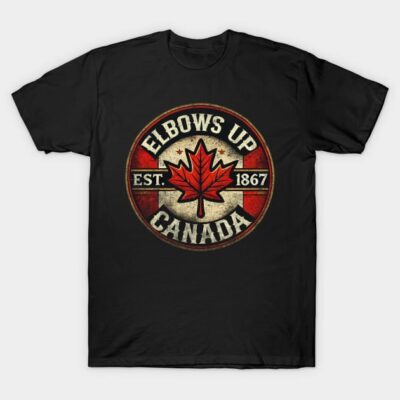 Black t-shirt with vintage Canada emblem, red maple leaf design. Casual wear, cotton material, unisex.