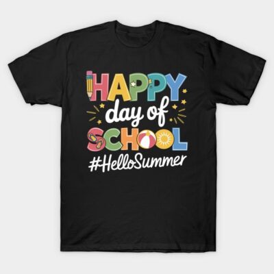 Black t-shirt with "Happy Day of School #HelloSummer" colorful graphic text, casual wear, cotton material.