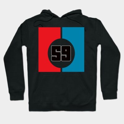 Black hoodie with bold red and blue color blocks and number 59 design, ideal for casual wear and comfort.