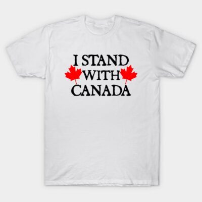 White "I Stand With Canada" T-shirt featuring red maple leaves, casual style, cotton material, unisex design.