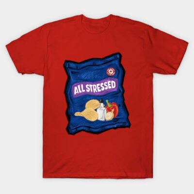 Red t-shirt with "All Stressed" snack packet graphic, casual style, unisex cotton tee for everyday wear.