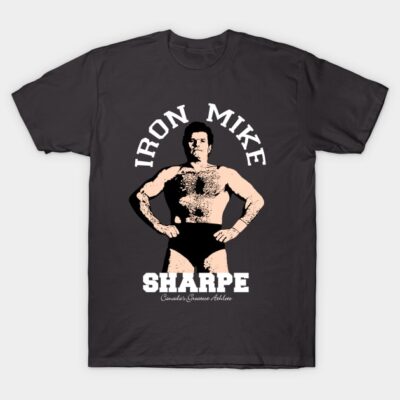 Black graphic tee featuring vintage wrestler design, text "Iron Mike Sharpe," casual wear, cotton fabric.