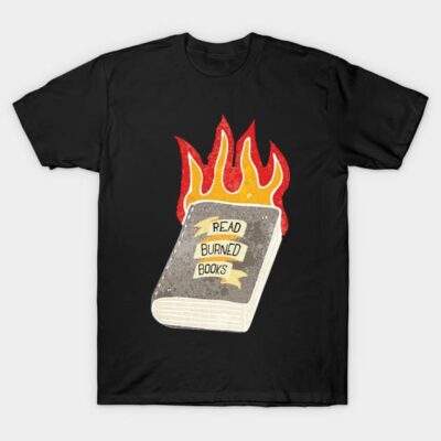 Black t-shirt with "Read Burned Books" design, featuring a flaming book graphic, perfect for casual wear.