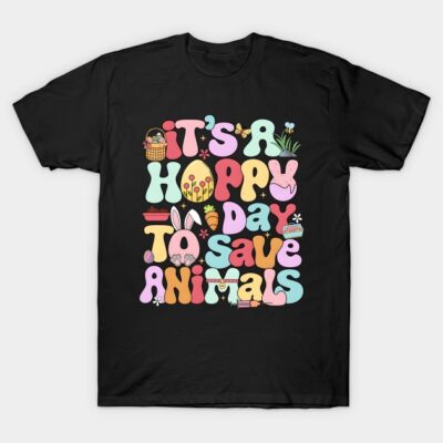 Black T-shirt with colorful "It's a Hoppy Day to Save Animals" print, casual style, cotton material, unisex design.