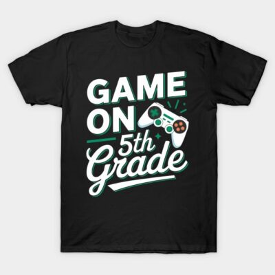 Black "Game On 5th Grade" t-shirt with video game controller graphic, perfect for gamers and school events.