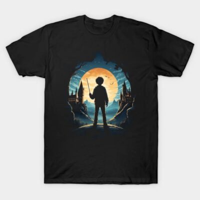 Black fantasy-themed t-shirt with silhouette design, featuring a magical castle and wand, perfect for casual wear.