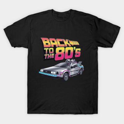 Black T-shirt with "Back to the 80's" retro design featuring a futuristic car. Perfect for casual wear and 80's theme lovers.