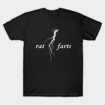 Black novelty t-shirt with "rat farts" and lightning graphic, casual wear, unisex cotton material.