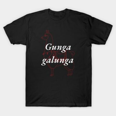 Black graphic t-shirt with red llama illustration and "Gunga galunga" text, casual wear, comfortable cotton fabric.