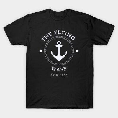 Black T-shirt with white anchor logo and "The Flying Wasp" text, casual style, cotton material, unisex design.