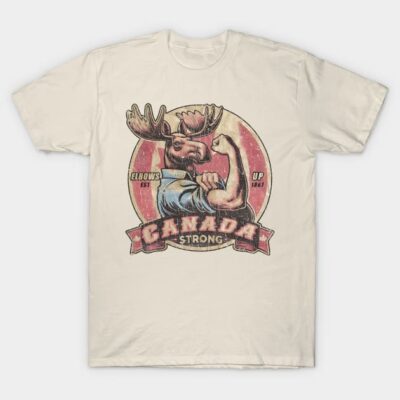 Cream t-shirt featuring a vintage-style moose graphic with "Canada Strong" text, perfect for casual wear or gifting.