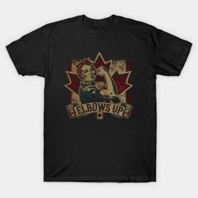 Black graphic tee with vintage "Elbows Up" design featuring a strong figure and red maple leaf background. Casual style.