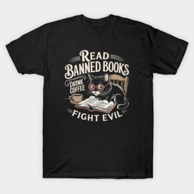 Black t-shirt with a vintage-style print of a cat reading, coffee cup, and text promoting book reading and anti-censorship.