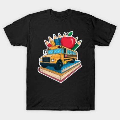 Black t-shirt featuring colorful school bus, pencils, apple, and books graphic. Perfect for back-to-school style.