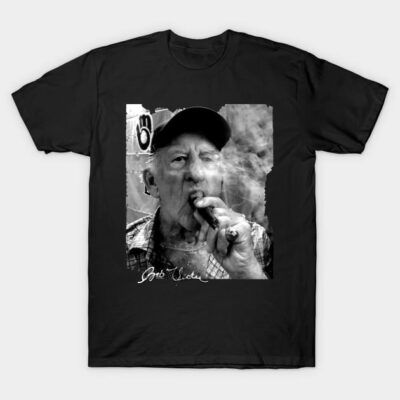 Black cotton t-shirt featuring a monochrome graphic design of a person smoking a cigar, casual and stylish.