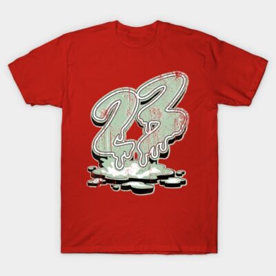 Red graphic t-shirt with artistic melting number design, casual style, 100% cotton, unisex.