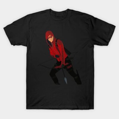 Black t-shirt with red-hooded archer graphic, casual style, cotton material, suitable for everyday wear.