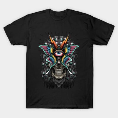 Black t-shirt with colorful eye and skull graphic design, casual style, 100% cotton, perfect for streetwear fashion.