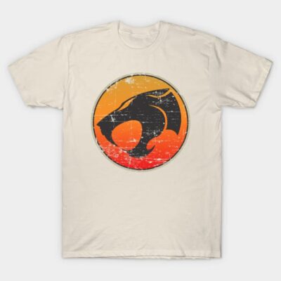 Cream T-shirt with vintage-style black cat logo, orange-red circle background, casual wear, soft cotton material.