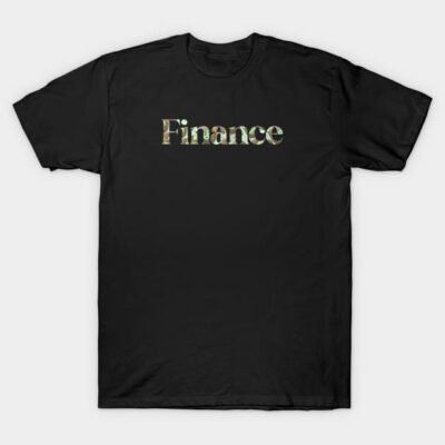 Black t-shirt with "Finance" text design, casual style, perfect for everyday wear, made from soft cotton material.