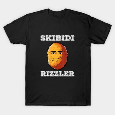 "Black t-shirt with orange cartoon face design, text 'Skibidi Rizzler', casual style, cotton material."