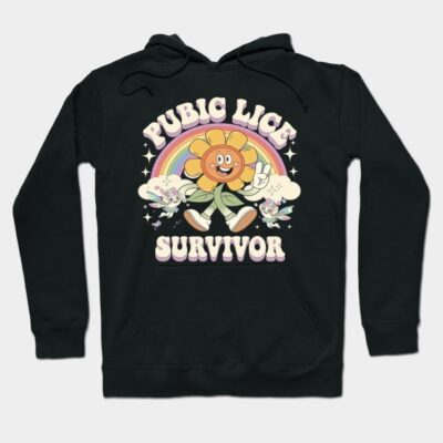 Black hoodie with colorful cartoon flower graphic and "Pubic Lice Survivor" text, casual wear, cotton material.