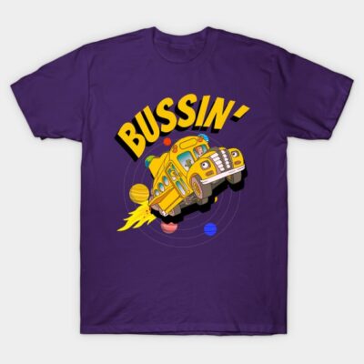 Purple T-shirt with vibrant yellow "Bussin'" school bus graphic, casual style, cotton fabric, fun and playful design.