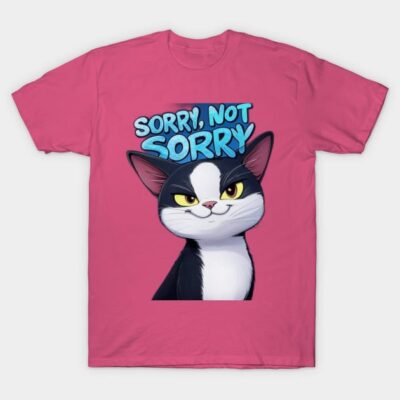 Pink t-shirt featuring a cartoon cat with "Sorry, Not Sorry" text, casual wear, cotton material.