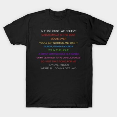 Black t-shirt with colorful movie quote print, casual wear, cotton material, unisex design, perfect for fans.