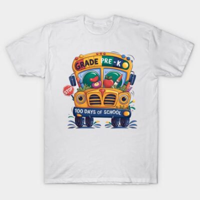 White t-shirt with colorful school bus design, featuring "Grade Pre-K" and "100 Days of School" text, ideal for kids.