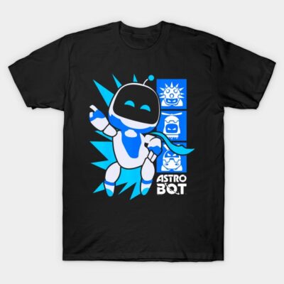 Black t-shirt featuring blue and white cartoon robot graphic, ideal for casual wear. Cotton material, unisex fit.