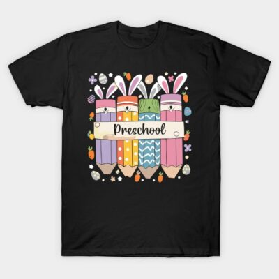 Black t-shirt with colorful pencil and bunny design, labeled "Preschool," ideal for casual wear and school events.