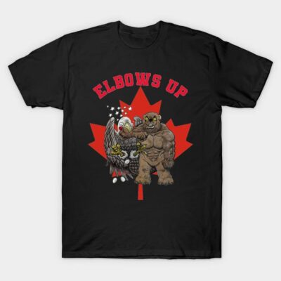 Black t-shirt with "Elbows Up" red text, featuring cartoon characters and a red maple leaf design; casual wear.