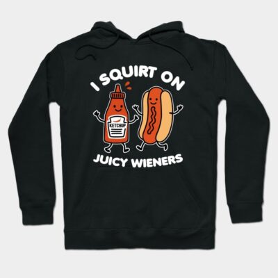 Black hoodie with playful ketchup and hotdog graphic, humorous text, casual wear, cotton blend material.