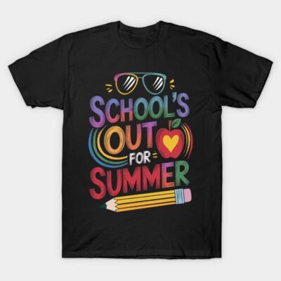 Black t-shirt with colorful "School's Out for Summer" graphic, featuring sunglasses, apple, and pencil design.