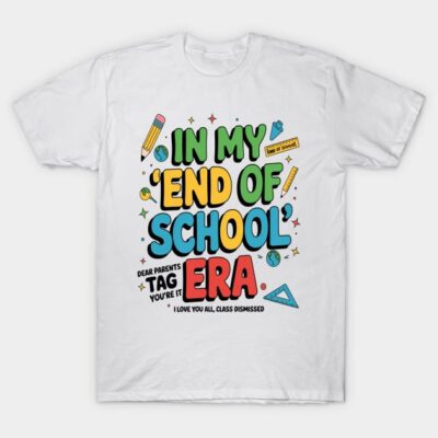 White "End of School Era" graphic T-shirt with colorful text and illustrations, perfect for casual wear and celebrations.